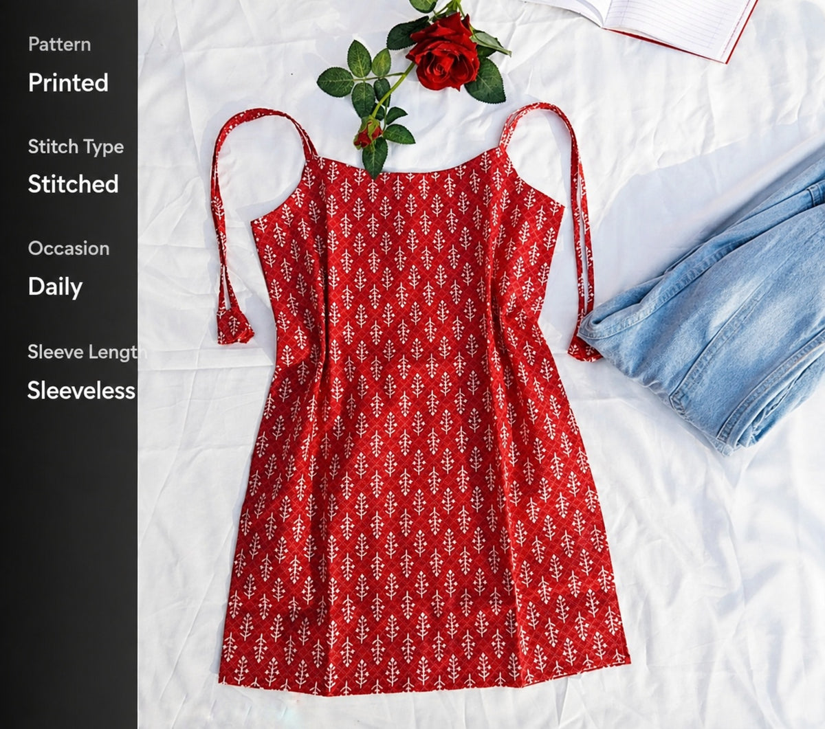 Women’s Red Printed Sleeveless Mini Dress with Tie-Up Shoulder Straps | Stylish Casual Summer Dress