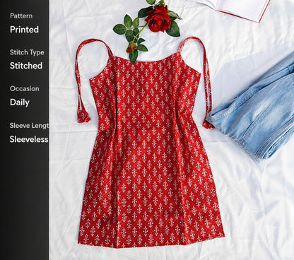 Women’s Red Printed Sleeveless Mini Dress with Tie-Up Shoulder Straps | Stylish Casual Summer Dress