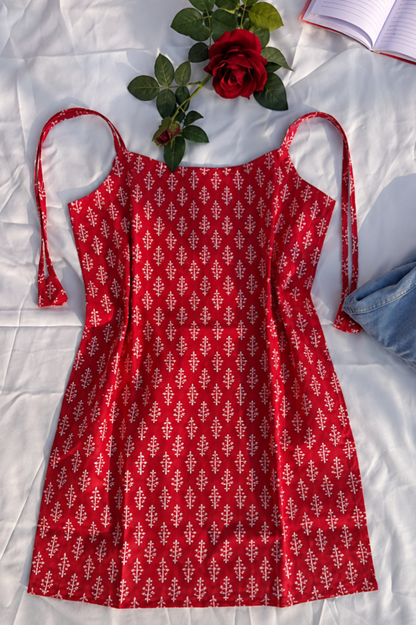 Women’s Red Printed Sleeveless Mini Dress with Tie-Up Shoulder Straps | Stylish Casual Summer Dress