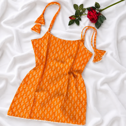 Women’s Orange Floral Printed Cotton Mini Dress | Square Neck Tie-Strap Casual Summer Dress